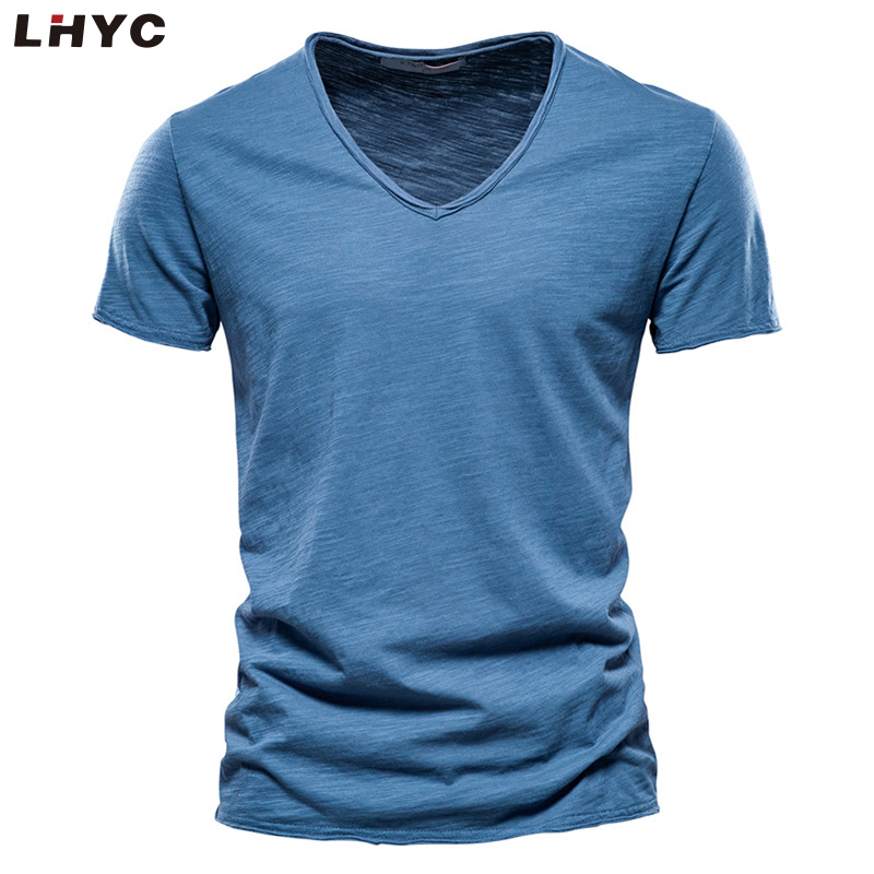 2022 European Men Summer V-neck T-shirt Solid Color Soft Tops Men Youth Casual Basic T-shirt
