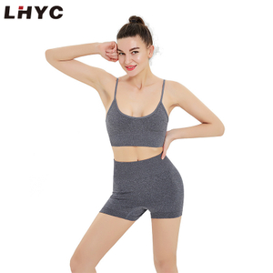 Summer new pure color yoga wear female seamless knitted sexy fitness bra shorts two sets