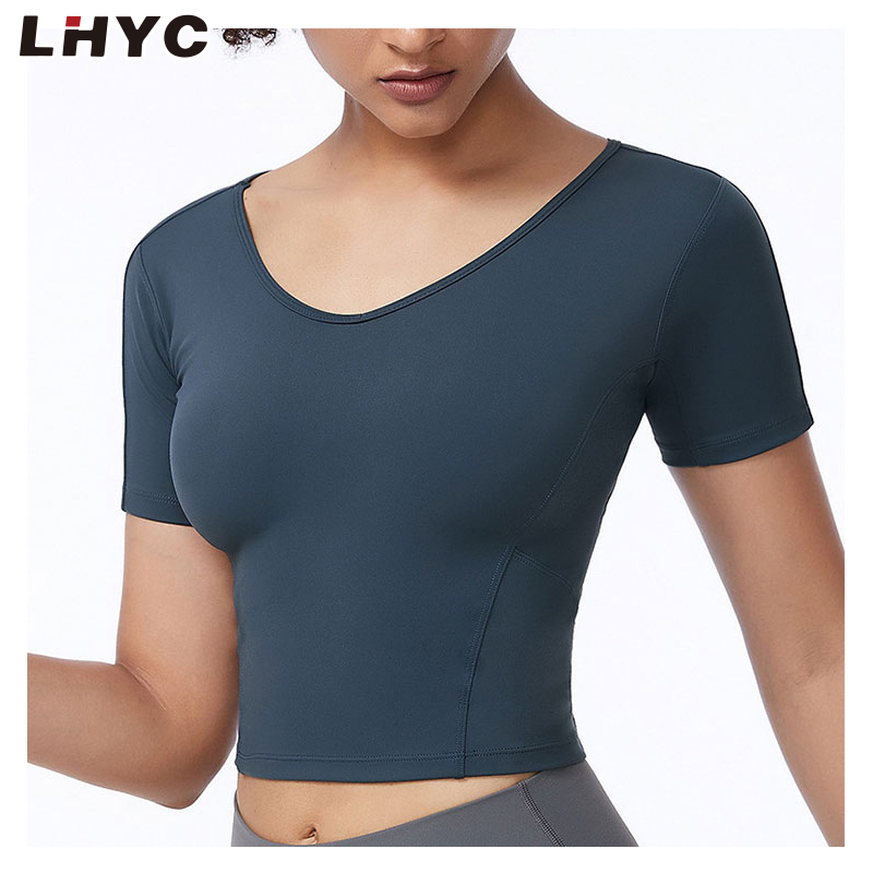 Custom Design WomenOem Plain Stretchy Deep V-neck Crop Top T-shirt for Woman