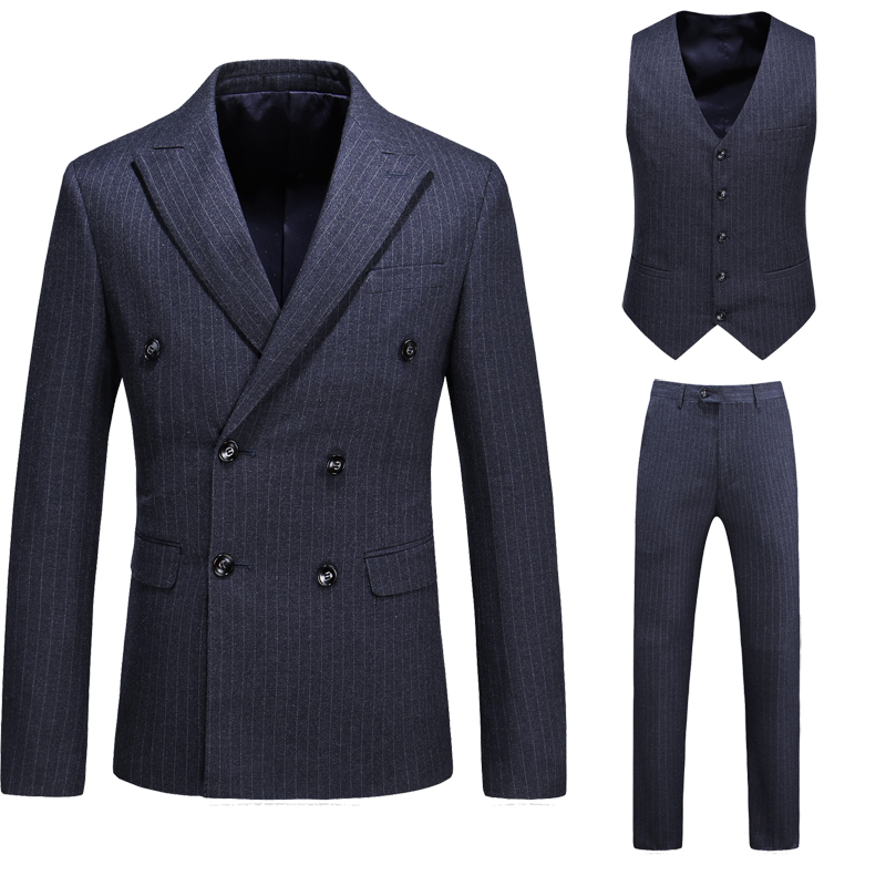 Unique design three pieces prinstripe mens suits double breasted plain business suit