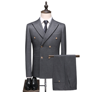 Stylish vertical stripe pattern dark grey premium grey double breasted suit