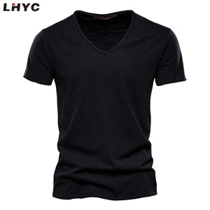 2022 European Men Summer V-neck T-shirt Solid Color Soft Tops Men Youth Casual Basic T-shirt