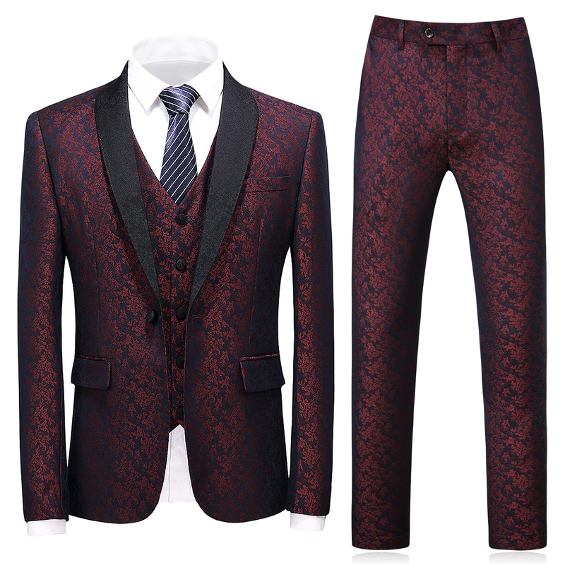 Hot selling black lapel suit single button red pattern dark wedding suit