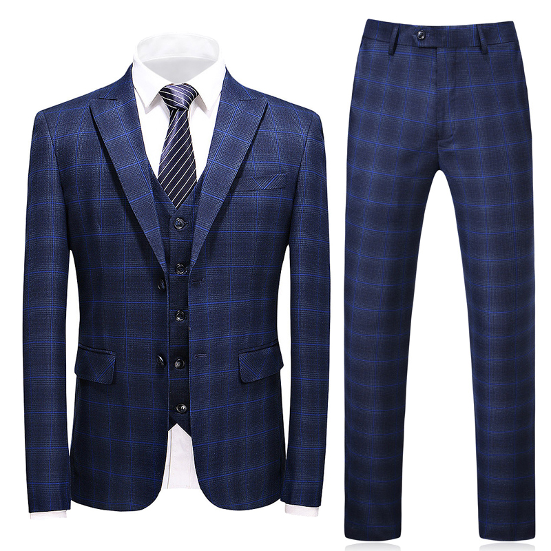 Hot selling China manufacture slim fit suits Navy blue suit with dark check
