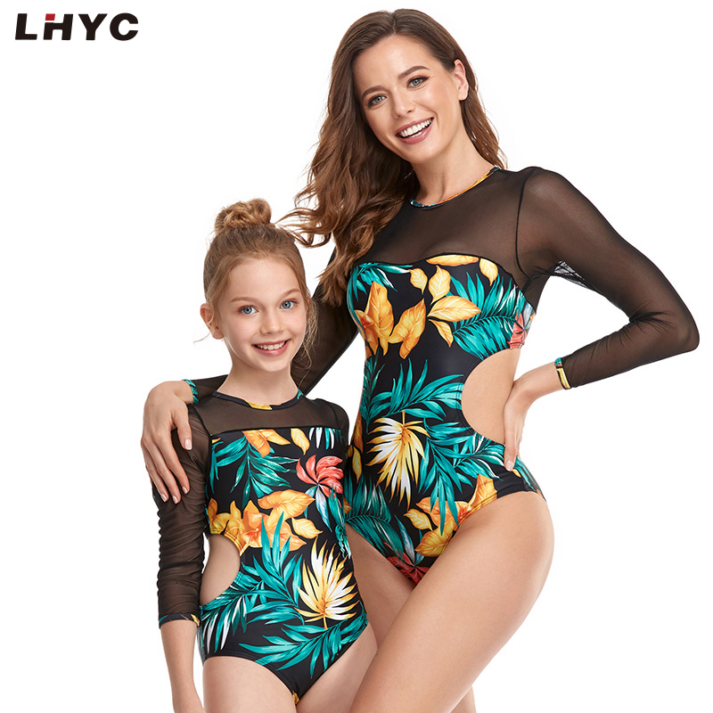  Mesh custom long sleeve swimwear women kids 3 piece beachwear swimsuits set