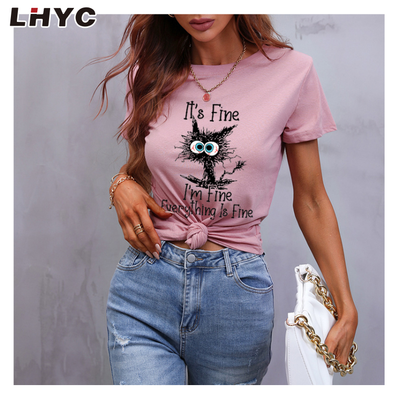 Custom LOGO t shirt polyester cotton graphic t shirts crew neck drop shoulder printed t-shirt for women