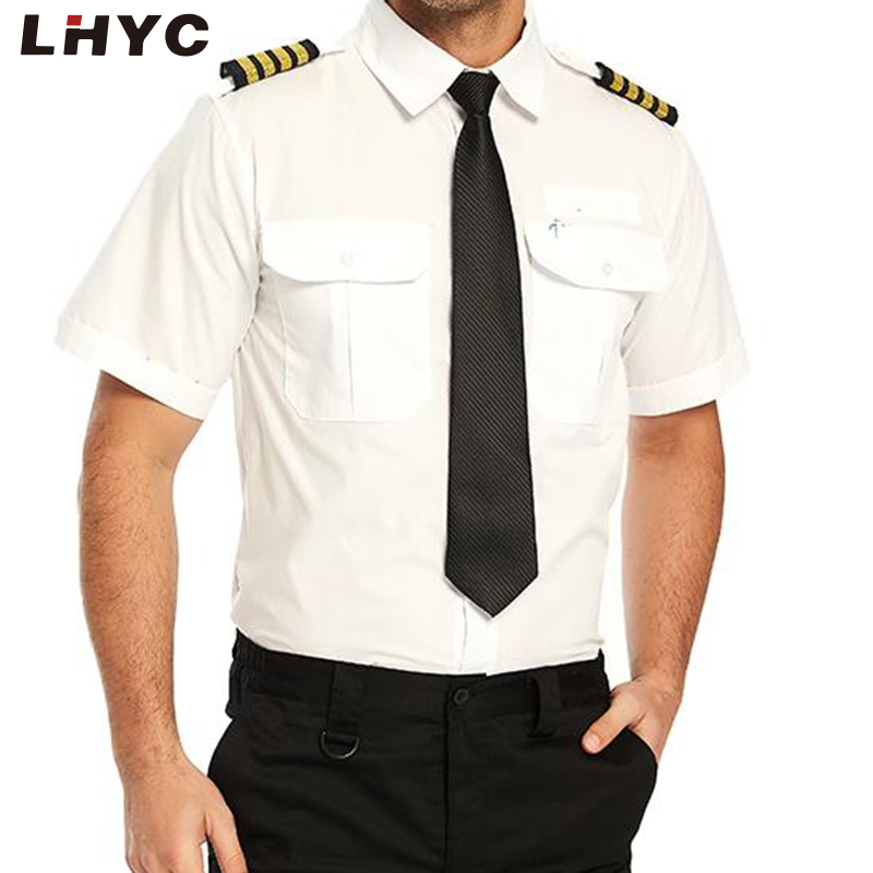White Classic Plain Short Sleeve Mens Pilot Uniform Shirts with Epaulette Airline Pilot Uniform