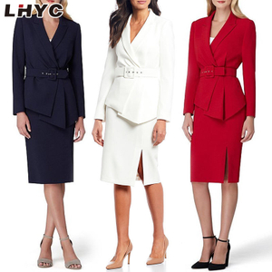 Fashion Official Business Suits Ladies Belted Jacket and Split Skirt White Women 
