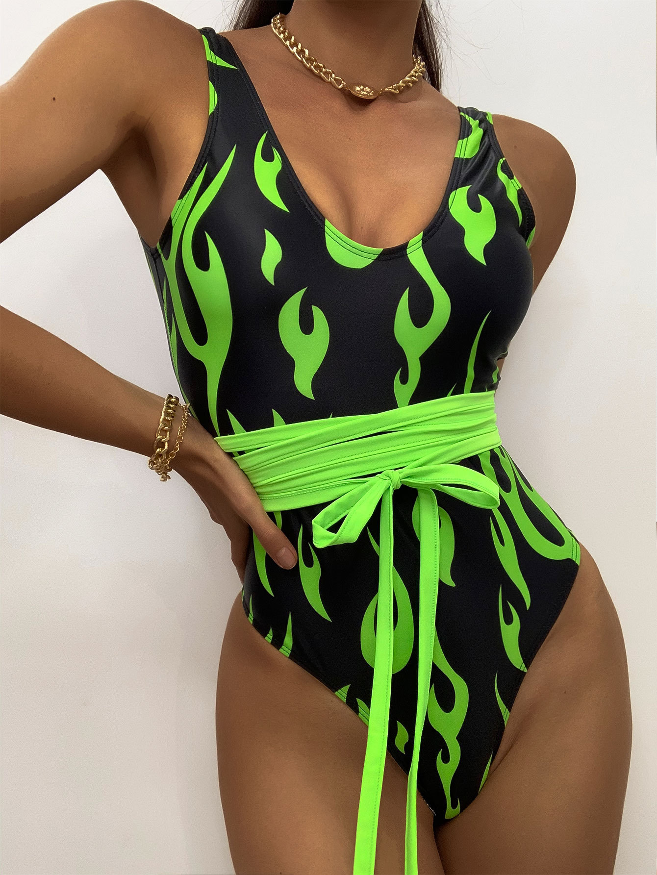Swim Suit Fluorescent green Swimwear Women One-piece Printing Bikini Bathing Swim Suit