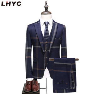 High end mens suits 3 piece slim fit Ready To Ship 3 Piece Plaid Printed Wedding Mens Suits