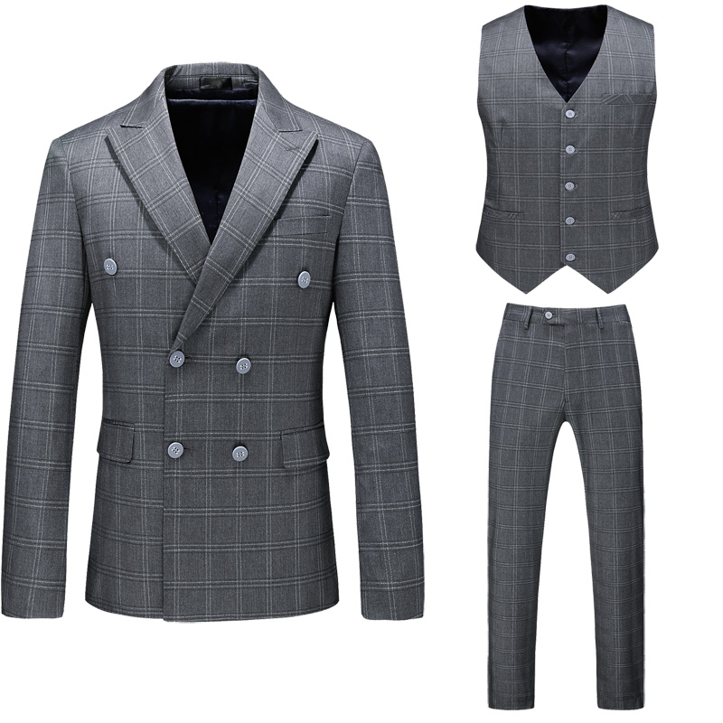 Business fashion Light grey double breasted Lattice designs grid Wedding suits