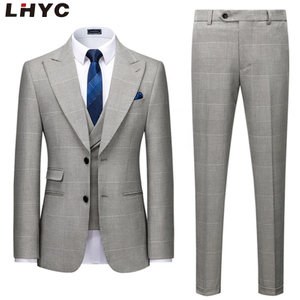 Man Coat And Pants Set For Weddings Men Plaid Single Breasted Light Grey 