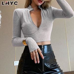 Wholesale Fashion Sexy Turtleneck Long Sleeves T-shirt with zipper for Women