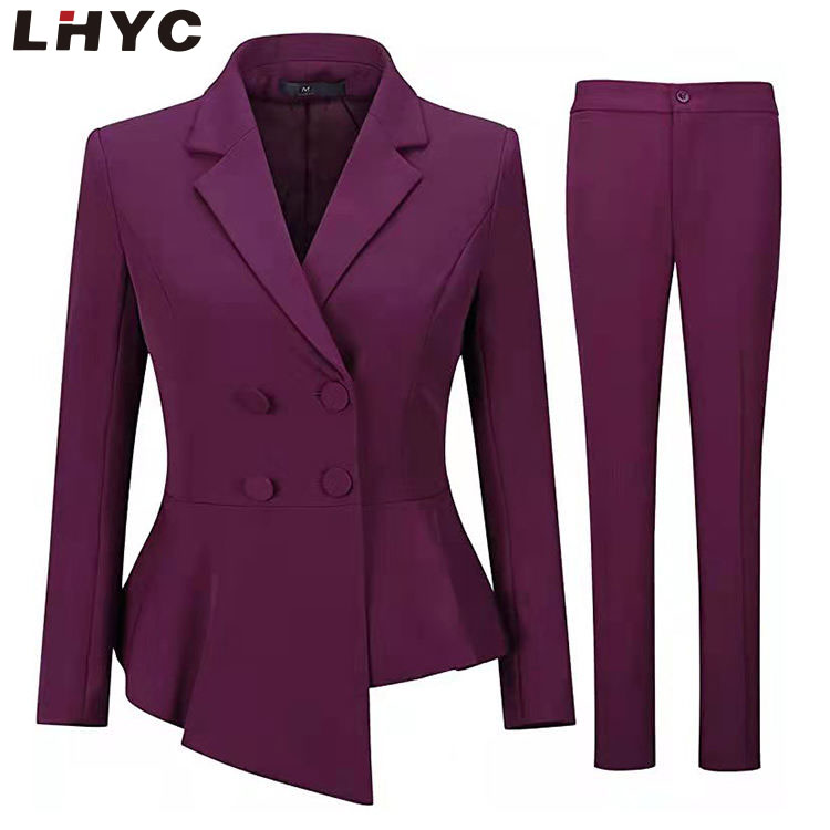 Purple Double Breasted 2 Pieces Trouser Business Women's Pant Suits