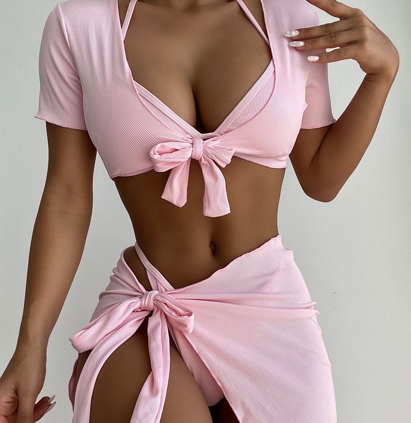 Tie Front Halter Lace Up Cover Up Women Ladies Swimsuits Swimwear With Skirts