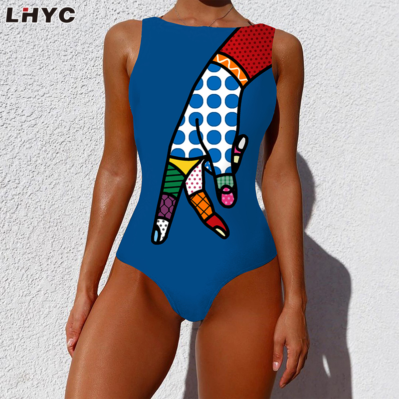 One Piece Swimsuit Personality Abstract Print Backless Sleeveless Swimwear Women