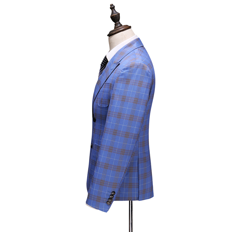 100% wool blue chequered pattern double breasted men's suit