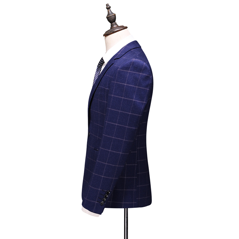 The latest fashion blue men's chequered suit gentleman slim version of the business occasion